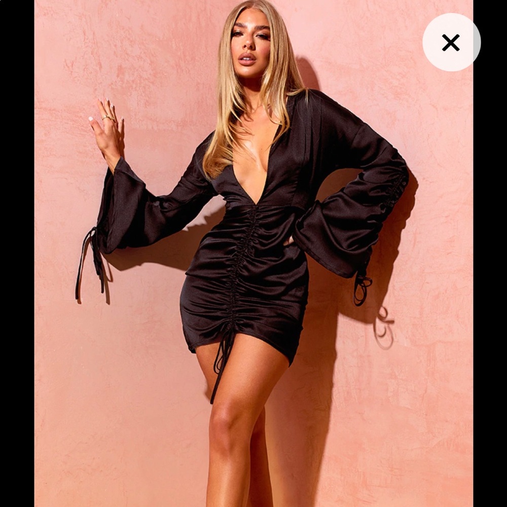 Black Satin Plunge Ruched Front Dress